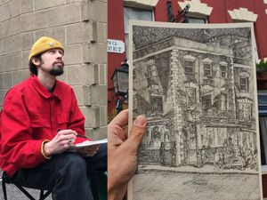 Man next to drawing