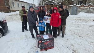 Ukrainian family with a generator provided by Rotary  