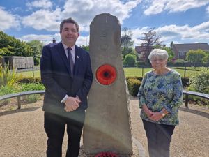 Patricia de Haan with Telford MP Shaun Davies at the war memorial in Dawley Park.