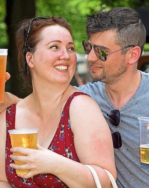 Emma Allen and Leigh Bicknell from Shrewsbury enjoy a pint