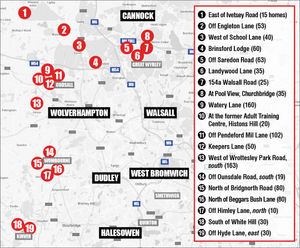 A map showing where the proposed 1,070 homes will be built 