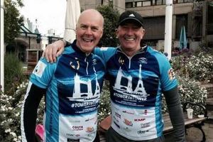 One of the rowers, Tim Winn from Branston Golf and Country Club in Burton on Trent, with Baggies boos Tony Pulis ahead of the start of the challenge