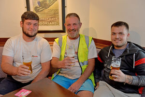 Ben Young, Rob Baker and Josh Chard enjoy their first post-lockdown pints
