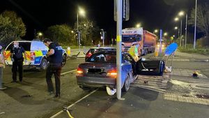 Emergency services at the scene of a two-car crash at the junction of Maesbury Road and the A483 near Oswestry. Photo: James Lewis (Shropshire Fire and Rescue)