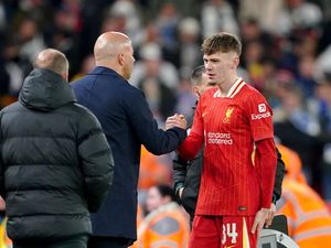 Liverpool’s Conor Bradley (right) is congratulated by Liverpool manager Arne Slot