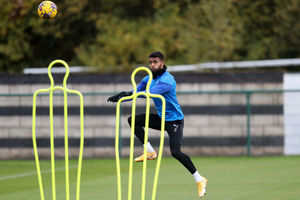 Darnell Furlong leaps for the ball in training (Photo by Adam Fradgley/West Bromwich Albion FC via Getty Images).