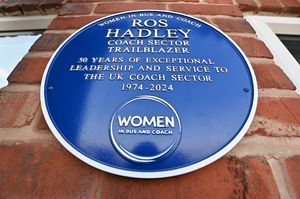 The blue plaque installed at Prospect Coaches in Lye in memory of the late Ros Hadley. Women in Bus and Coach have bestowed the plaque in recognition of Ros's enormous contribution to the industry