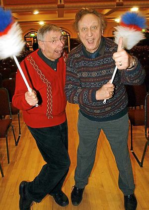 Tommy Mundon with his fan Ken Dodd and his tickling stick, before the Liverpool entertainer performed at Dudley Concert Hall in 2005
