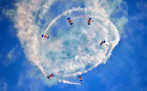 The RAF Falcons parachute display team.