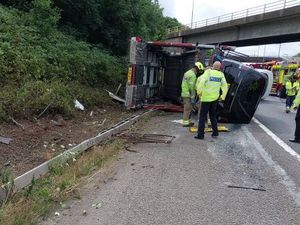 Supporting image for story: One left 'seriously injured' as lorry rolls onto its side in M6 crash blocking lanes and causing long delays