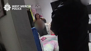 Screen grab taken from police body worn camera dated November 2024 issued by West Mercia Police of officers speaking to Amy Pugh prior to her arrest for murder. 