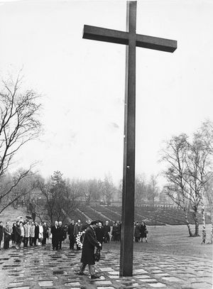 German War Cemetery, Cannock Chase. On Remembrance Day, November 10, 1969, John Oxford of Staffordshire County Council placed a wreath at the foot of the giant cross