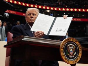 US President Donald Trump signs an executive order as he attends an indoor Presidential Inauguration parade event at Capital One Arena in Washington