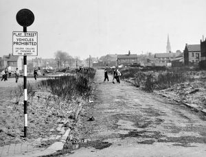 Desolation in Play Street, Brick Kiln Croft, Wolverhampton, in 1953.