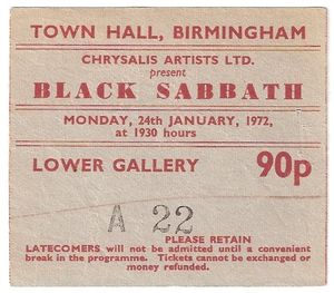 A ticket from Black Sabbath's show at Birmingham Town Hall in 1972
