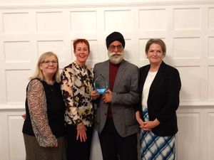Karen Evans and Ros Keeton of Compton Care pictured with Harbhajan Singh Surj and Rachel Overfield, CEO of the charity