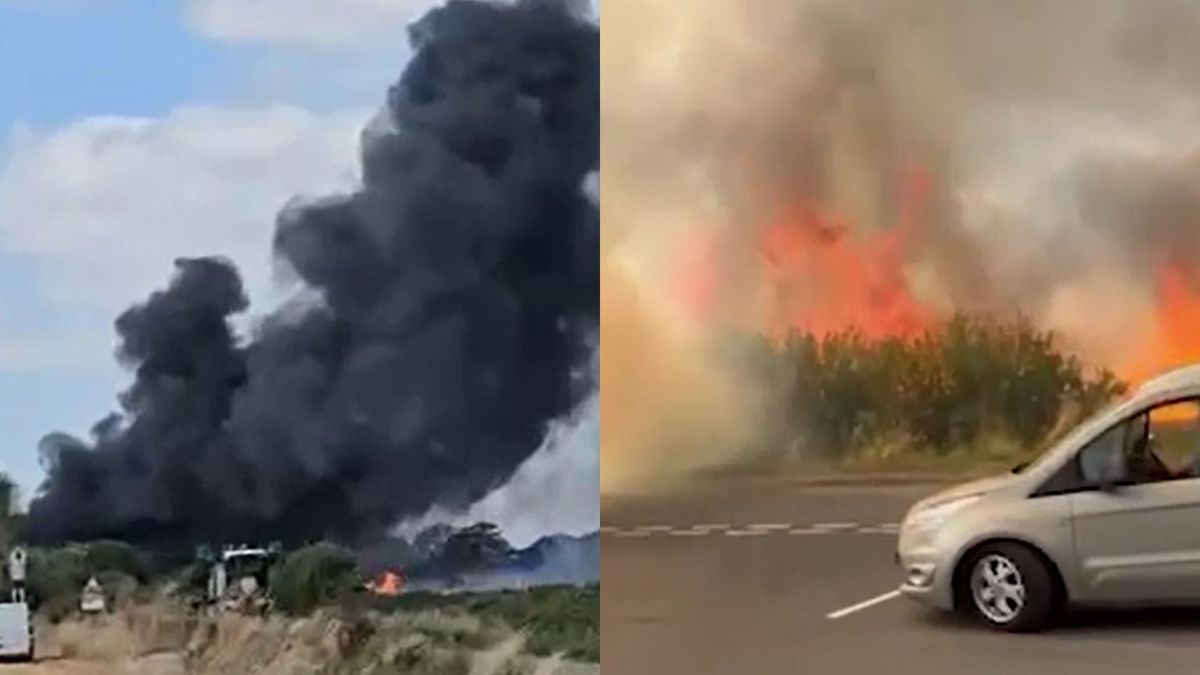 Moment thick black smoke billows from West Midlands fire as flames tear through field