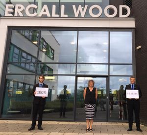 A socially-distanced celebration for Samuel Hall (left) and JamieHireson, at Ercall Wood with deputy headteacher Karen Athawaes