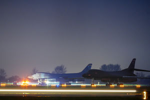 US Airforce Rockwell B-1 Lancer bombers stand overnight on the apron at RAF Fairford. (Photo by Christopher Furlong/Getty Images)