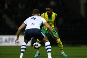 Grady Diangana of West Bromwich Albion and Ben Whiteman of Preston North End during the Sky Bet Championship between Preston North End and West Bromwich Albion at Deepdale on October 5, 2022 in Preston, United Kingdom. (Photo by Adam Fradgley/West Bromwich Albion FC via Getty Images).