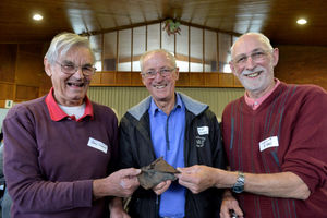 John Homer with brothers Mike and Neville Rigby, who grew up in Doxey in the 1940s, with a piece of a WWII bomb that was dropped on Doxey
