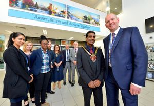 Mayor Elias Mattu and principal James Ludlow with teachers and guests