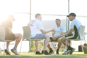 Liam Keen interviewing Alex Silva and Carlos Cachada (Getty)