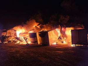 Supporting image for story: Pictured: Large fire at industrial estate near Oswestry that destroyed lorries and tractor