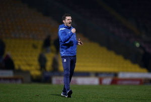 Sam Ricketts the head coach / manager of Shrewsbury Town celebrates winning the game at full time (AMA)