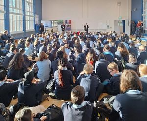  (L-R)  Ami and Safwan from Embark Learning talk to the children from Queensbridge School in Birmingham alongside Karen Hill, assistant headteacher partnerships.