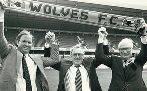 Sir Jack, right celebrates taking over at Molineux with Billy Wright, centre, and son Jonathan, left