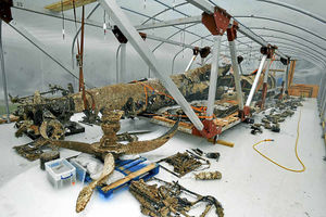 Ready for restoration – the Dornier bomber inside its special protective shelter after arriving at RAF?Cosford