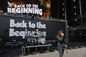 Charlie Benante plays the drums and Joey Belladonna sings as  US rock band Anthrax preparations continue on the eve of British rock band, Black Sabbath's "Back to the Beginning" concert, Ozzy Osbourne's final ever gig as Black Sabbath's frontman at Villa Park in Birmingham, central England on July 4, 2025. Osbourne, who revealed in 2020 that he has Parkinson's disease, will join Tony Iommi, Geezer Butler and Bill Ward for the all-day "Back To The Beginning" show in Birmingham, central England, where the heavy metal giants formed in 1968. (Photo by ANDY BUCHANAN / AFP) (Photo by ANDY BUCHANAN/AFP via Getty Images)          