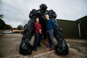 Sculptor Luke Kite and Clive Knowles with the Gorilla Apocalypse at the British Ironwork Centre