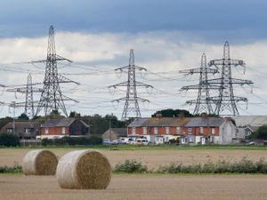 A view of electricity pylons behind houses in Lydd, Kent