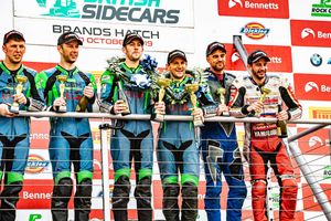 Tom Bryant, far right, celebrates a stunning podium in the British Sidecar championship. Picture: Barry Clay