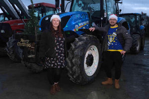 Maria and Rhys Watts of Three Cocks with their tractor at the start of the event. Image by Andy Compton