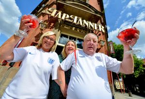 England footie fans at The Tap and Tanner in Walsall - Vicki Lawley, Vanessa Wigley, Johnnie Jones from Walsall