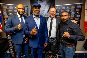 Frazer Clarke, Lennox Lewis, Premier Suite owner Scott Murray and Wayne Elcock pose before the event starts