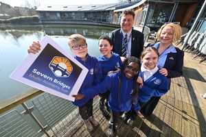 School head Gail Butele was joined by Severn Bridges CEO Andrew Morris and pupils Tobie, Matthew, Layla, and Eden to mark the occasion. Photo: Steve Leath