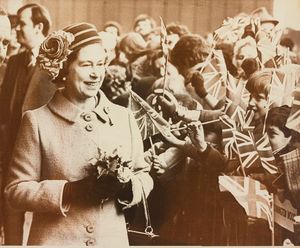 'Flag-waving, singing crowds turned out to cheer themselves hoarse as the Queen made her way from Wellington  to the sparkling new shopping complex in the centre of Telford.' November 13, 1981.