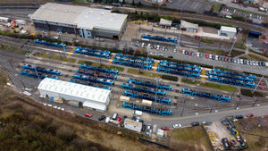 Overhead photo of trams parked up and not in use
