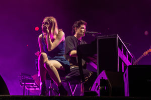 The Script's Danny O'Donoghue with a fan on stage at last night's concert. Picture: Andy Hughes Photography