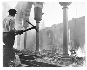 Sad scenes in December, 1965, as the demolition crews took a pick-axe to the ruins of St Andrew's Church, Whitmore Reans following a fire the year before.