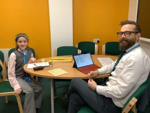 "Acting headteacher" Fern Ardill, aged 8, with real headteacher Tom Larkham at Coleham Primary School