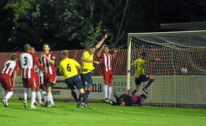 Simon Grand of AFC Telford United celebrates after scoring a goal that was disallowed
