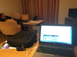 Still hard at work while Tim stares at a blank TV