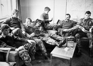 January 1978 - the caption reads: 'Members of the Green Goddess Army team at Parsons Barracks, Donnington, Telford, relaxing after their stand-down from firefighting service. From the left are: Private Alan Harrison, Private Terry Viney, Private \Parsley\ Parsons, Private \Oscar\ Singh, Private John Simpson, Sergeant Trevor Bozie (sic), and Private John Overall.' There had been a nationwide strike by firefighters which ended on January 16