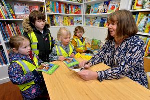 Ellesmere primary pupils Alice Doyle, Ben Proffitt, Matha Jobson and Fletcher Clarke with Julia Donaldson