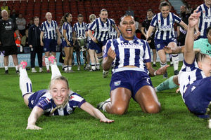 Albion Women players celebrate a first trophy since 2019 at full-time. Pic: Crewe-Green Photography